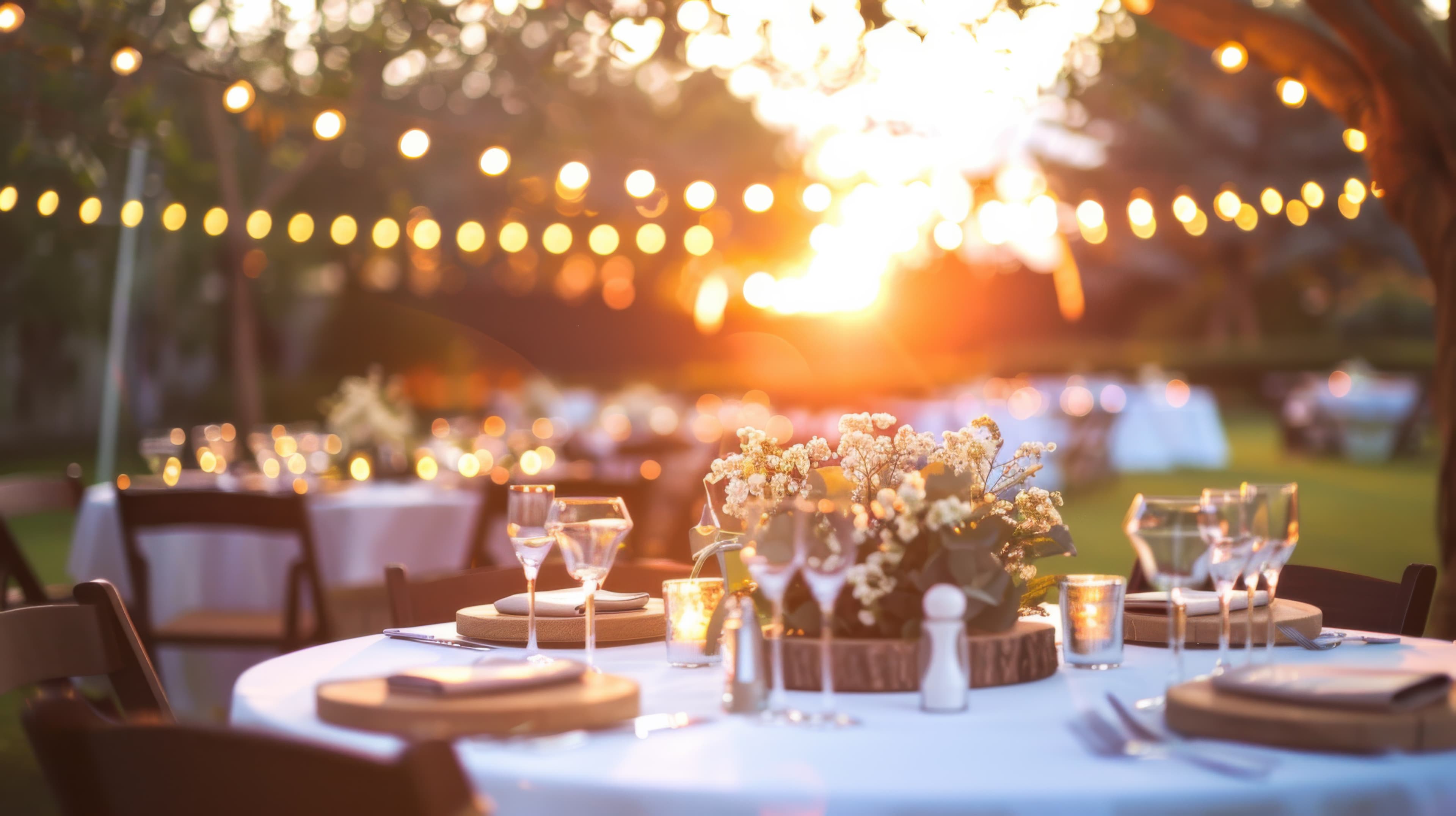 Festlich aufgebautes Outdoor Event mit Tischen, Bänken und Eventausstattung für eine Sommerveranstaltung im Freien Caption: Feste feiern in Oer-Erkenschwick - mit Trinkgut Zierles und FTF Events klappt das.