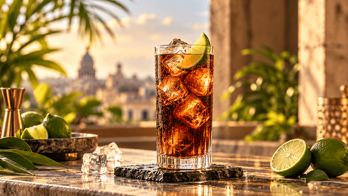Cuba Libre mit Cola, Rum, Eiswürfeln und Limette auf einer sonnigen Terrasse mit tropischem Hintergrund.