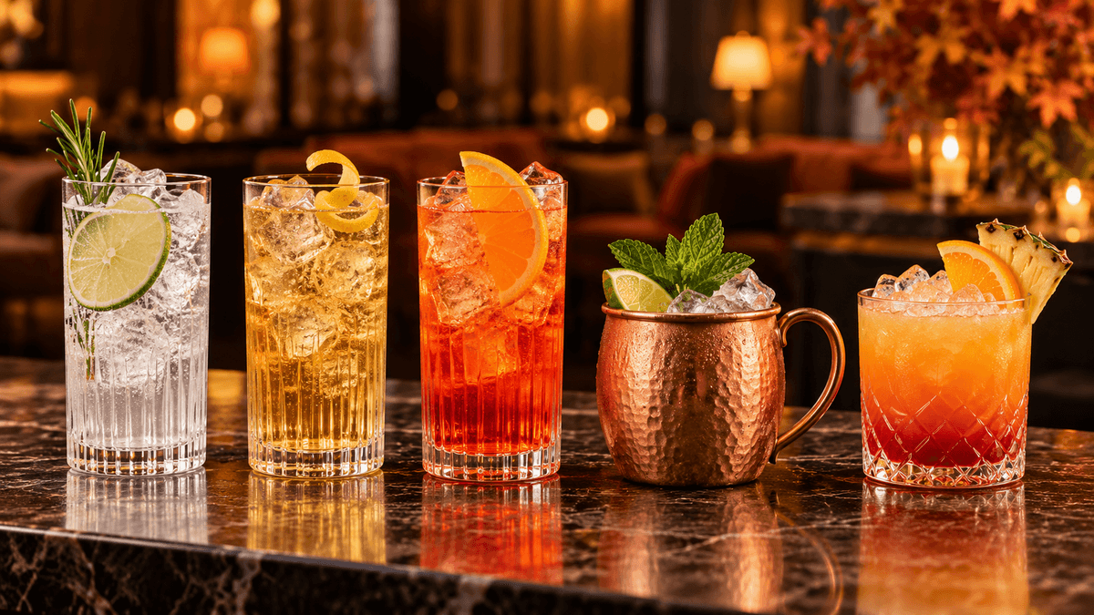 Fünf Cocktails auf einer eleganten Bar: Gin Tonic, Whisky Ginger, Campari Orange, Vodka Mule und Bahama Mama.