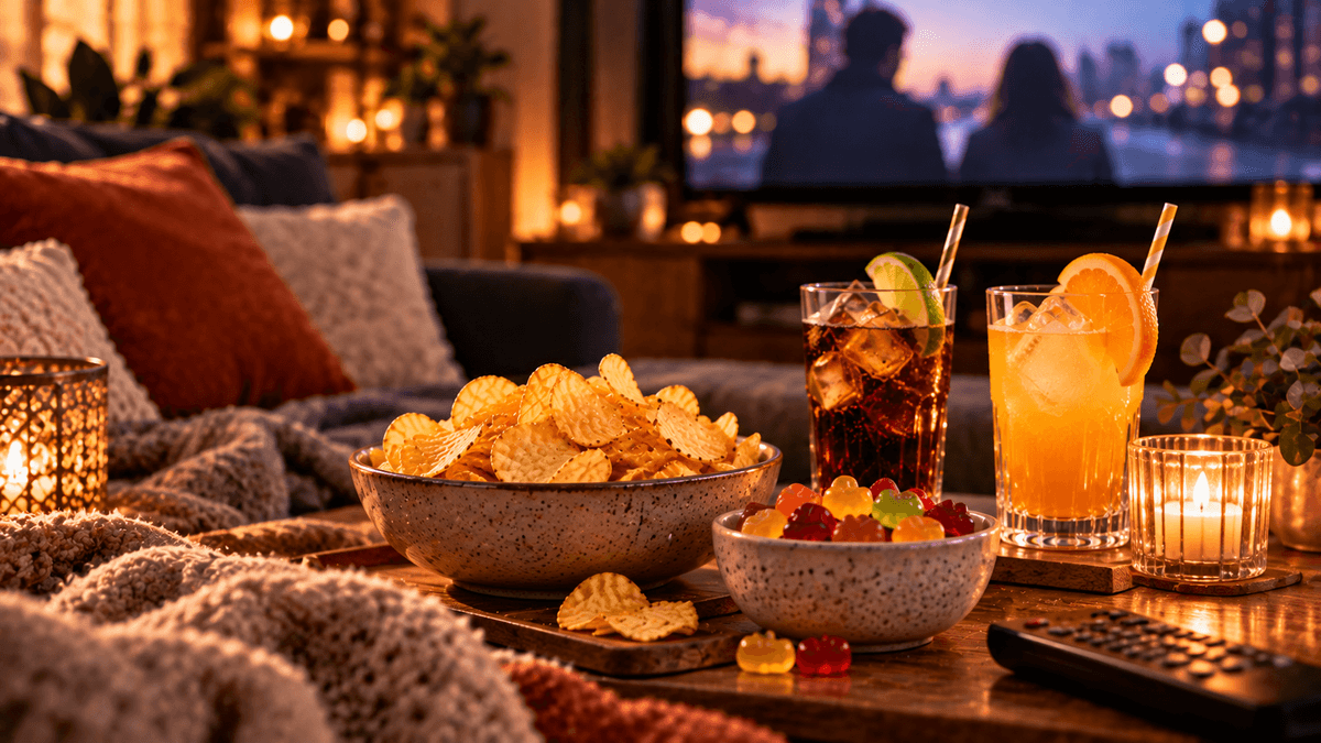Gemütlicher Filmabend mit Snacks und Getränken