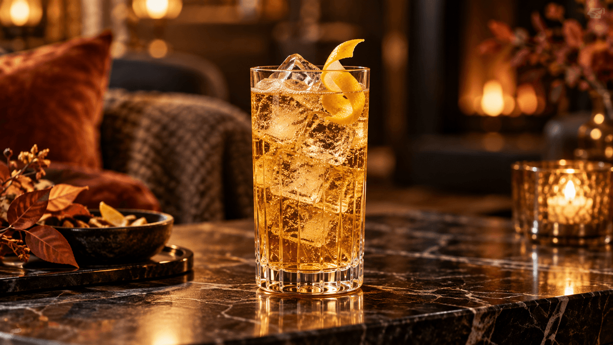 Goldener Whisky Ginger mit Eis und Zitronenzeste vor gemütlicher, herbstlich warmer Bar-Kulisse.
