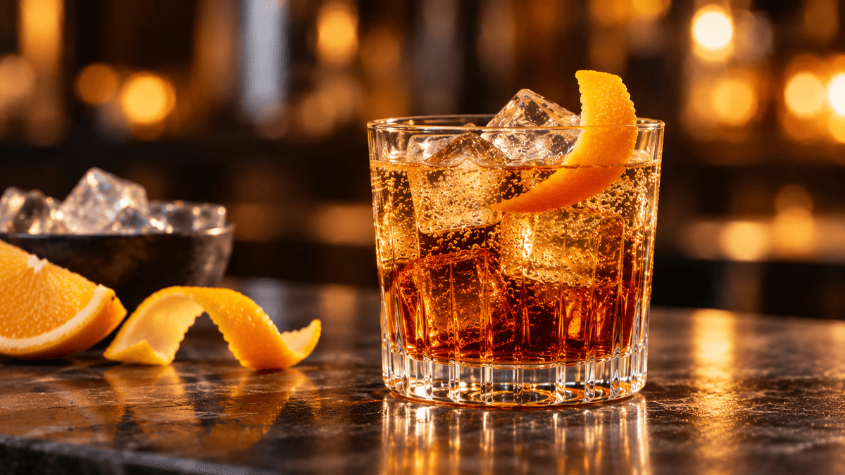 Bernsteinfarbener Longdrink mit Ginger Ale, Eiswürfeln und Orangenzeste in einem schweren Tumblerglas.