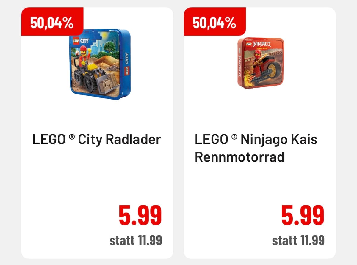 LEGO® City Radlader und NINJAGO® Kais Rennmotorrad: je 5,99 € statt 11,99 €, 50,04 % günstiger.
