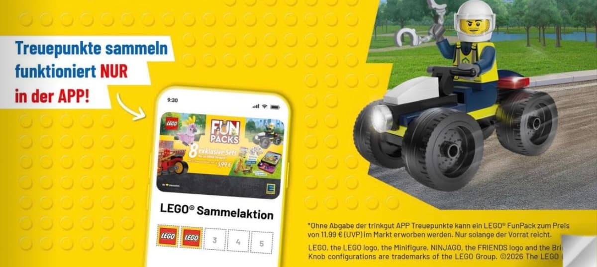 LEGO® Sammelaktion trinkgut App: digitale Treuepunkte sammeln und für LEGO® Fun-Packs einlösen, solange Vorrat reicht.