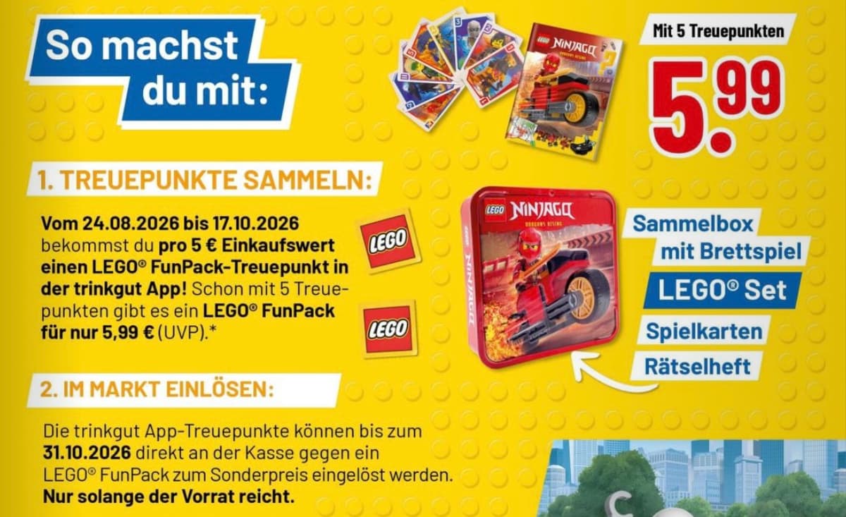 LEGO® Treueaktion: 1 Punkt je 5 € Einkaufswert, 5 Punkte für ein Fun-Pack für 5,99 €, einlösbar bis 31.10.2026.