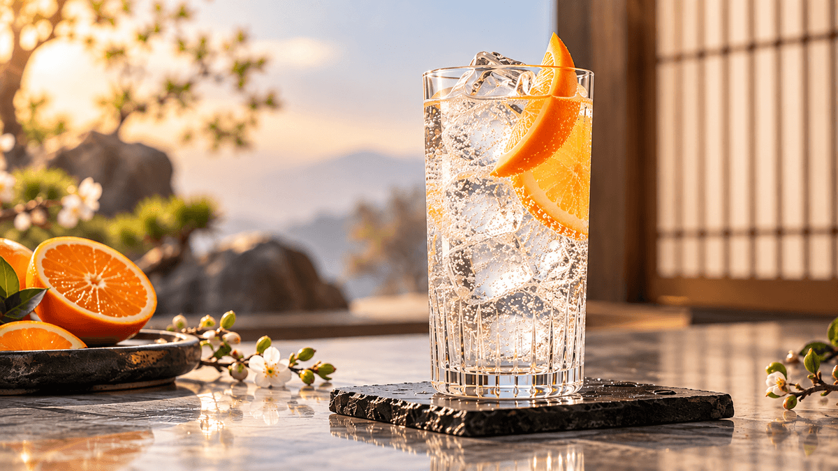 Gin & Tonic mit Eiswürfeln und Orangenscheiben auf dunklem Untersetzer in warmer, japanisch inspirierter Kulisse.