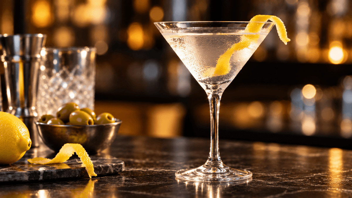 Klarer Vodka Martini im Cocktailglas mit Zitronenzeste, daneben grüne Oliven und Zitrone auf einer Bar.