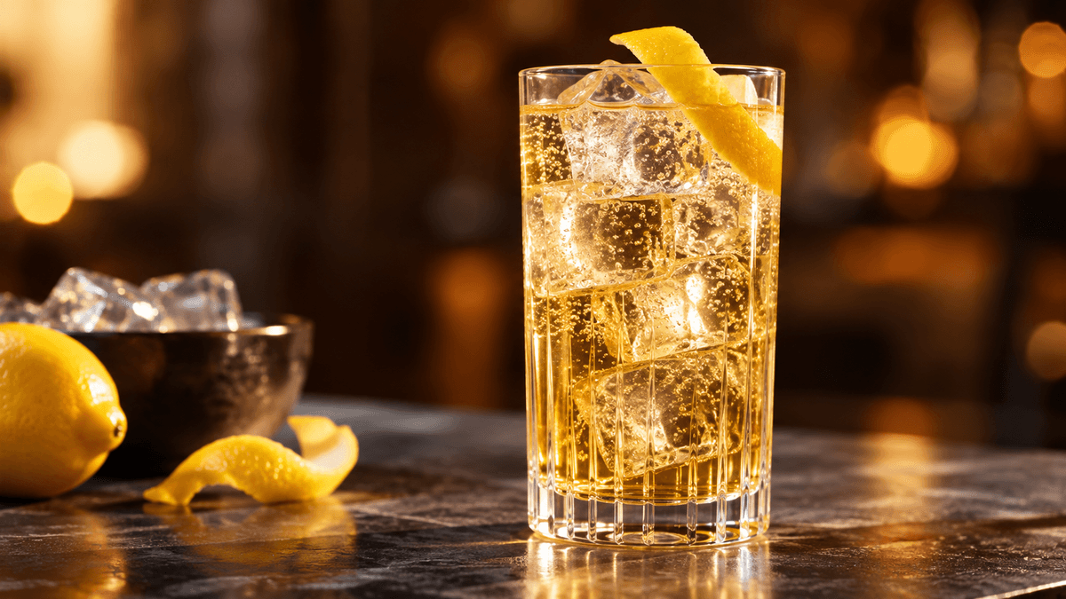 Goldener Whisky Highball mit Sodawasser, Eiswürfeln und Zitronenzeste vor warm beleuchtetem Barhintergrund.